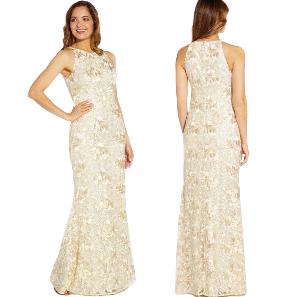 ADRIANNA PAPELL Floral Embroidery Halter Gown, Ivory, Size 10 NWOT